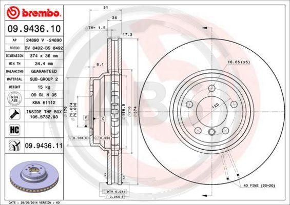 A.B.S. 09.9436.11 - Brake Disc autospares.lv