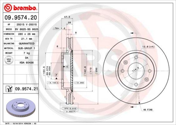 A.B.S. 09.9574.21 - Brake Disc autospares.lv