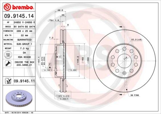 A.B.S. 09.9145.11 - Brake Disc autospares.lv