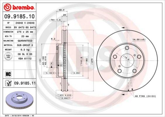 A.B.S. 09.9185.11 - Brake Disc autospares.lv