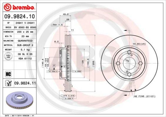 A.B.S. 09.9824.11 - Brake Disc autospares.lv