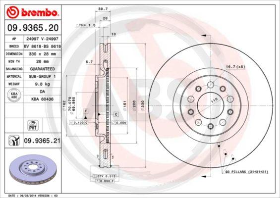 A.B.S. 09.9365.21 - Brake Disc autospares.lv