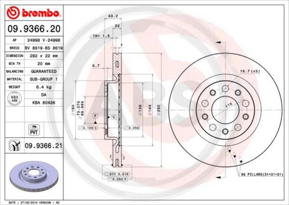 A.B.S. 09.9366.21 - Brake Disc autospares.lv