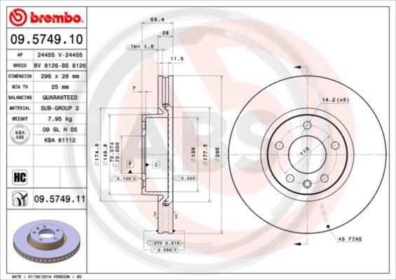 A.B.S. 09.5749.11 - Brake Disc autospares.lv