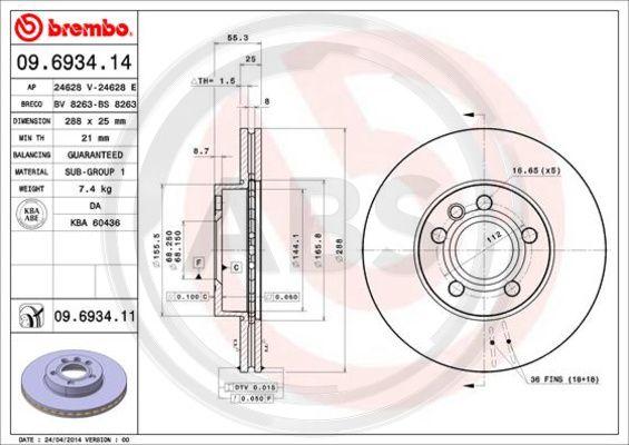 A.B.S. 09.6934.11 - Brake Disc autospares.lv