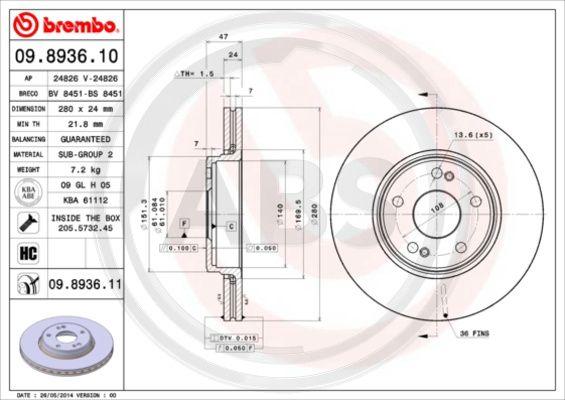 A.B.S. 09.8936.11 - Brake Disc autospares.lv