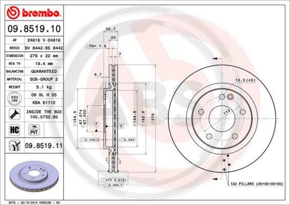 A.B.S. 09.8519.11 - Brake Disc autospares.lv