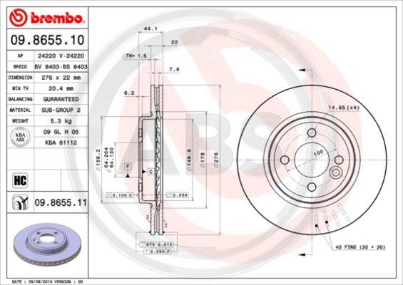 A.B.S. 09.8655.11 - Brake Disc autospares.lv