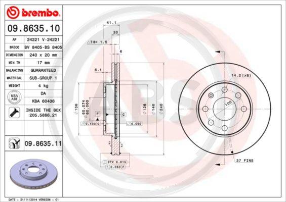 A.B.S. 09.8635.10 - Brake Disc autospares.lv