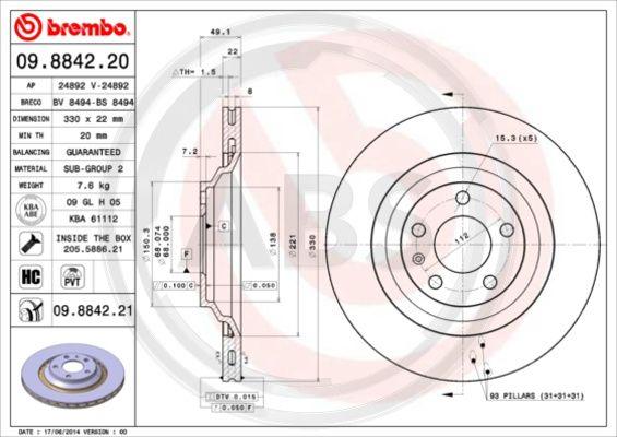 A.B.S. 09.8842.21 - Brake Disc autospares.lv