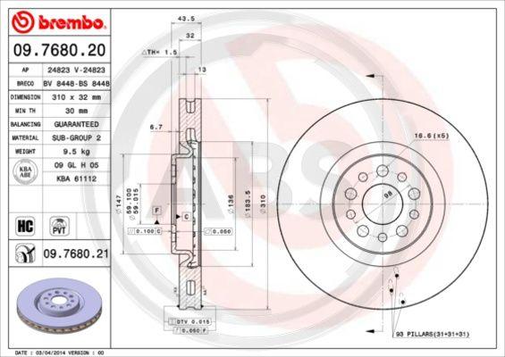 A.B.S. 09.7680.20 - Brake Disc autospares.lv