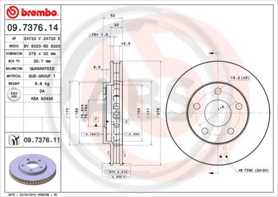 A.B.S. 09.7376.11 - Brake Disc autospares.lv