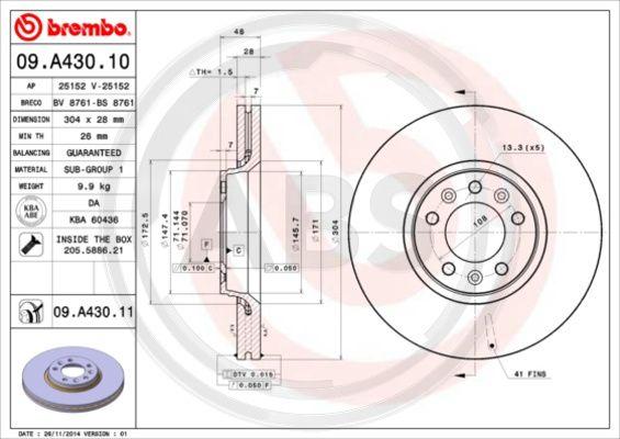 A.B.S. 09.A430.11 - Brake Disc autospares.lv