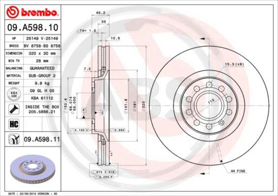 A.B.S. 09.A598.11 - Brake Disc autospares.lv