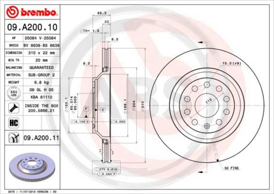 A.B.S. 09.A200.11 - Brake Disc autospares.lv