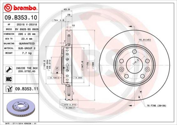 A.B.S. 09.B353.10 - Brake Disc autospares.lv