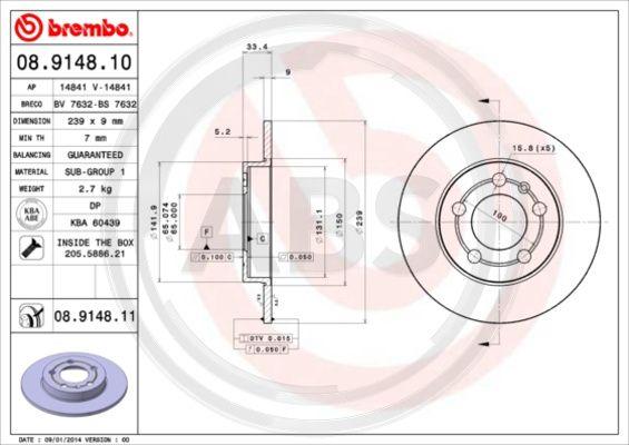 A.B.S. 08.9148.11 - Brake Disc autospares.lv