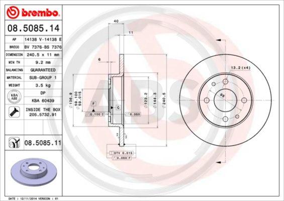 A.B.S. 08.5085.11 - Brake Disc autospares.lv