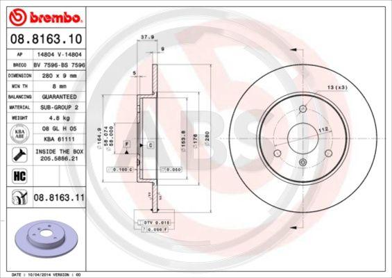 A.B.S. 08.8163.11 - Brake Disc autospares.lv