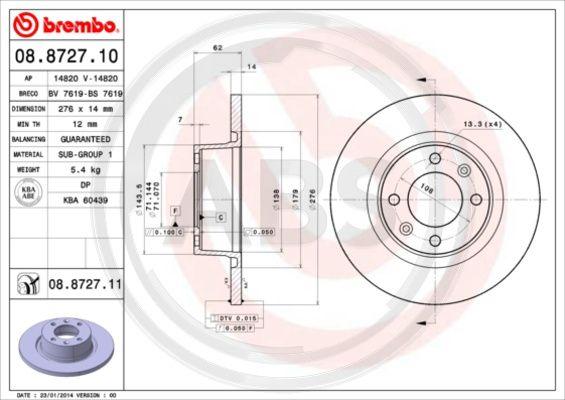 A.B.S. 08.8727.11 - Brake Disc autospares.lv