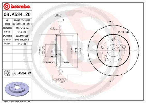 A.B.S. 08.A534.20 - Brake Disc autospares.lv