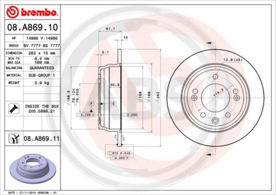 A.B.S. 08.A869.11 - Brake Disc autospares.lv