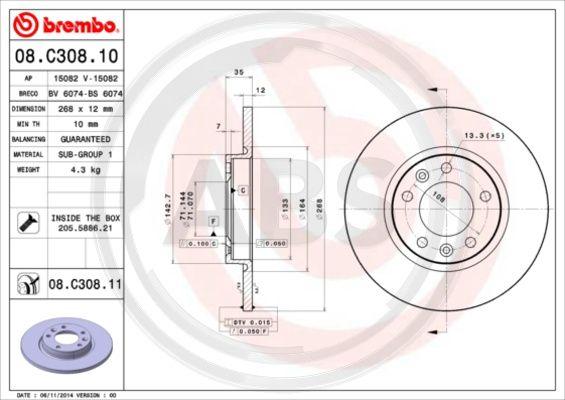 A.B.S. 08.C308.11 - Brake Disc autospares.lv