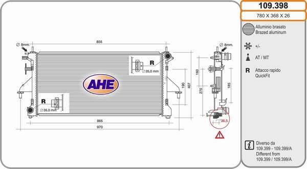 AHE 109.398 - Radiator, engine cooling autospares.lv