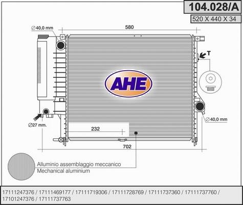 AHE 104.028/A - Radiator, engine cooling autospares.lv