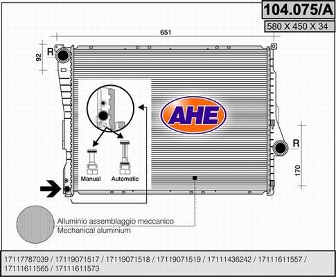 AHE 104.075/A - Radiator, engine cooling autospares.lv