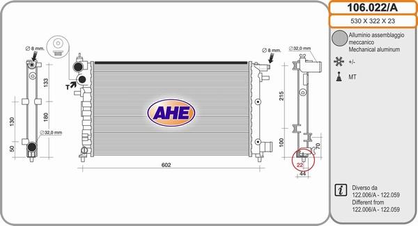 AHE 106.022/A - Radiator, engine cooling autospares.lv