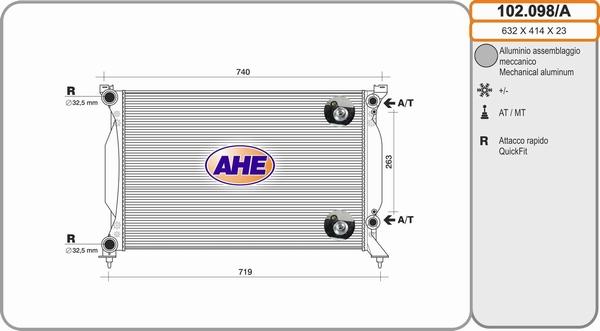 AHE 102.098/A - Radiator, engine cooling autospares.lv