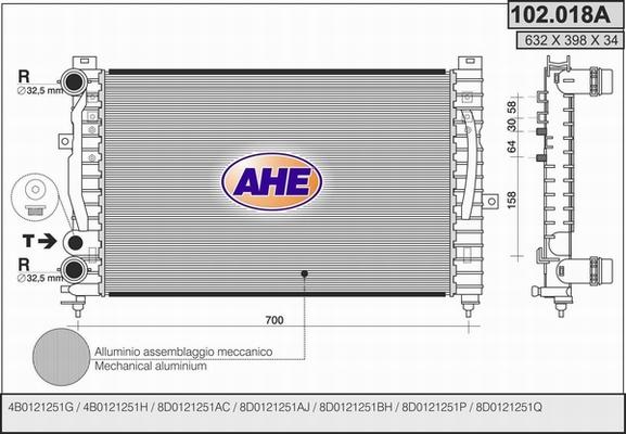 AHE 102.018/A - Radiator, engine cooling autospares.lv