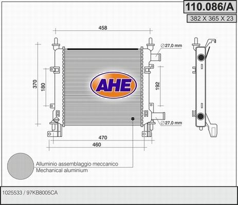 AHE 110.086/A - Radiator, engine cooling autospares.lv