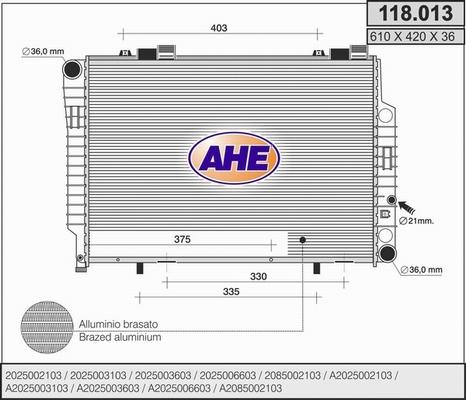 AHE 118.013 - Radiator, engine cooling autospares.lv