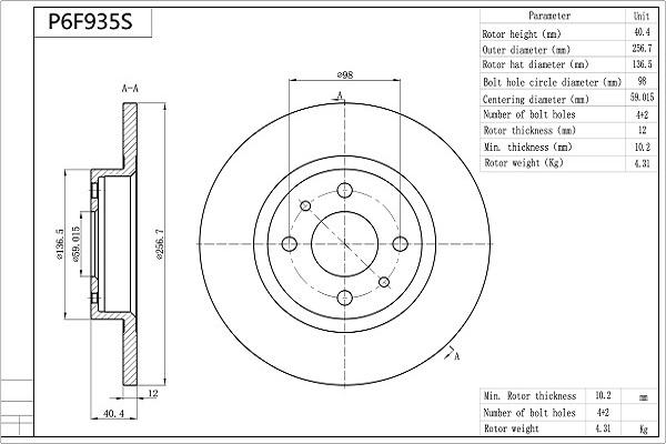 Aisin P6F935S - Brake Disc autospares.lv