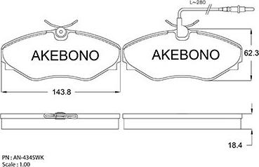 Akebono AN-4345WK - Brake Pad Set, disc brake autospares.lv