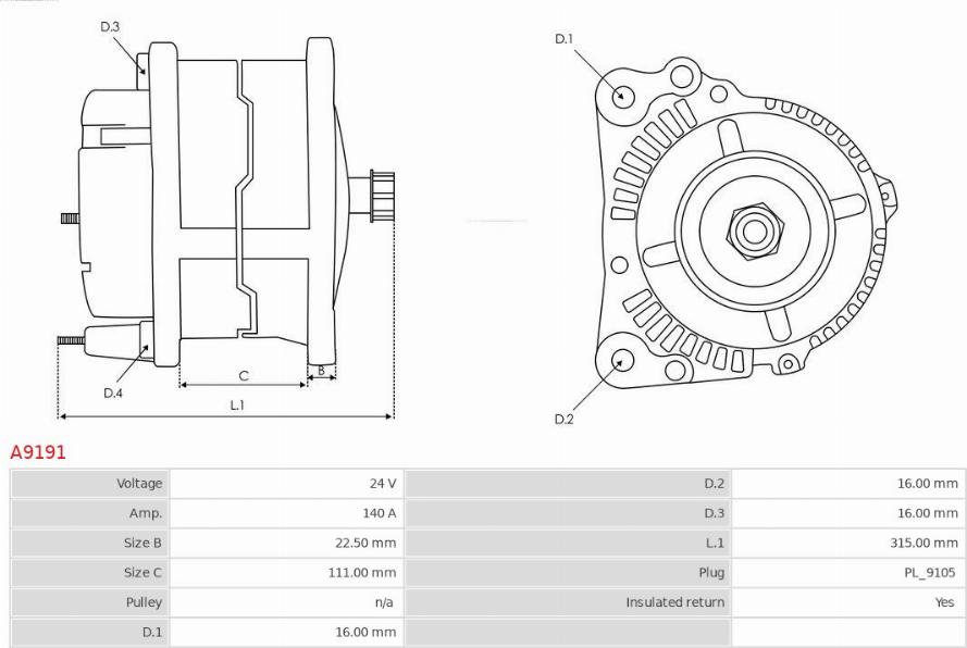 AS-PL A9191 - Alternator autospares.lv