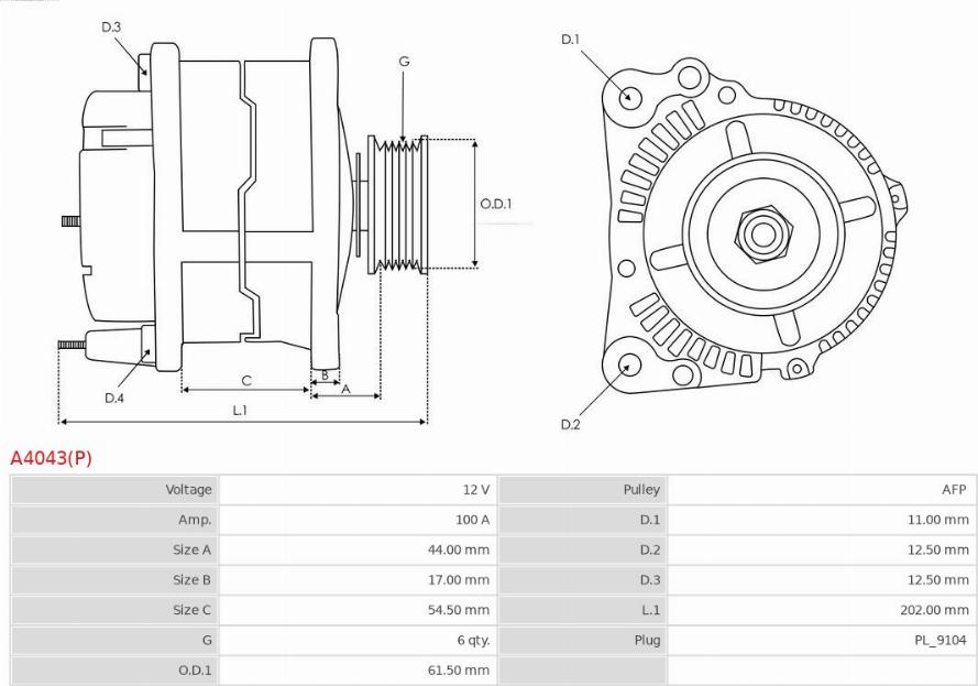 AS-PL A4043(P) - Alternator autospares.lv