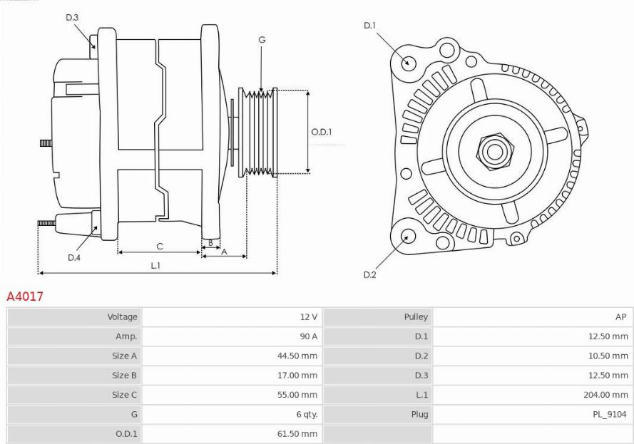 AS-PL A4017 - Alternator autospares.lv