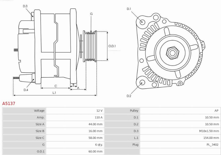 AS-PL A5137 - Alternator autospares.lv