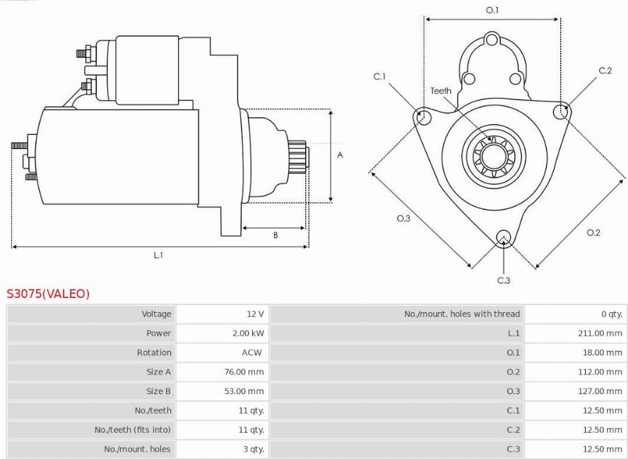 AS-PL S3075(VALEO) - Starter autospares.lv