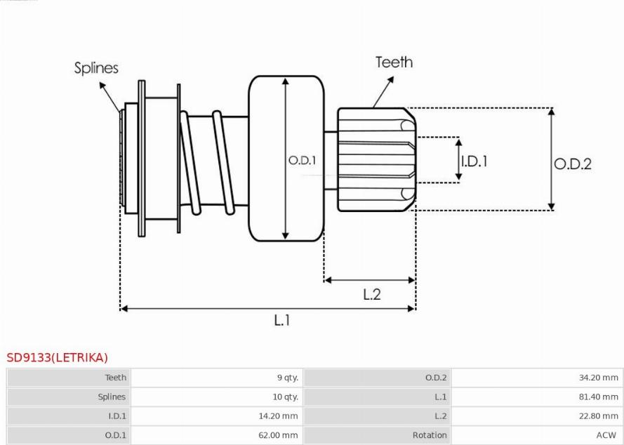 AS-PL SD9133(LETRIKA) - Pinion, bendix, starter autospares.lv