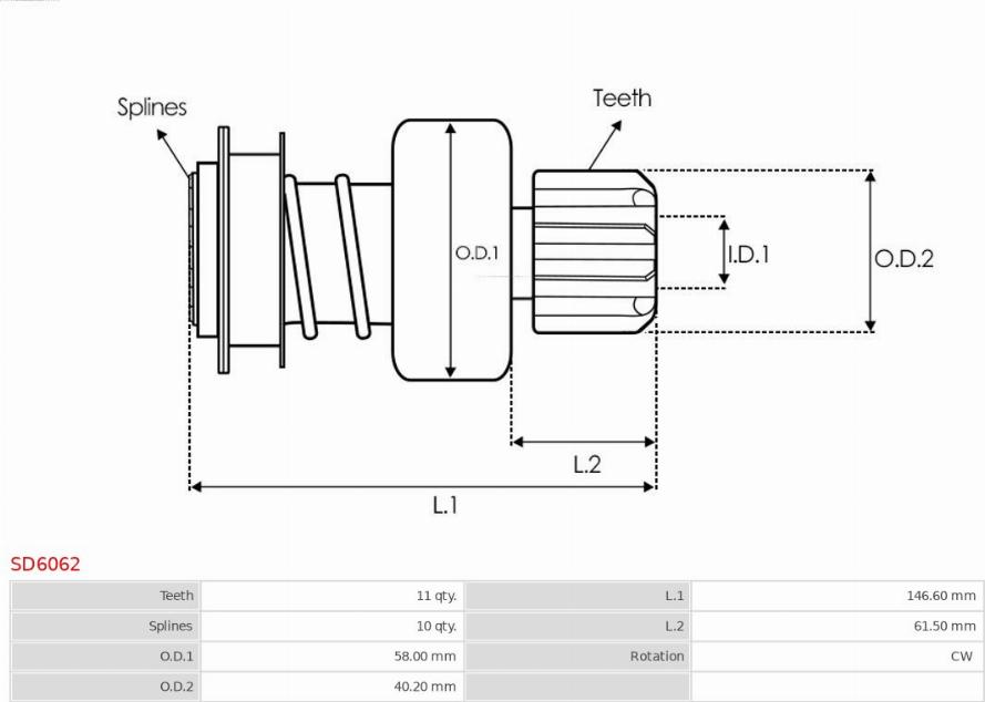 AS-PL SD6062 - Pinion, bendix, starter autospares.lv