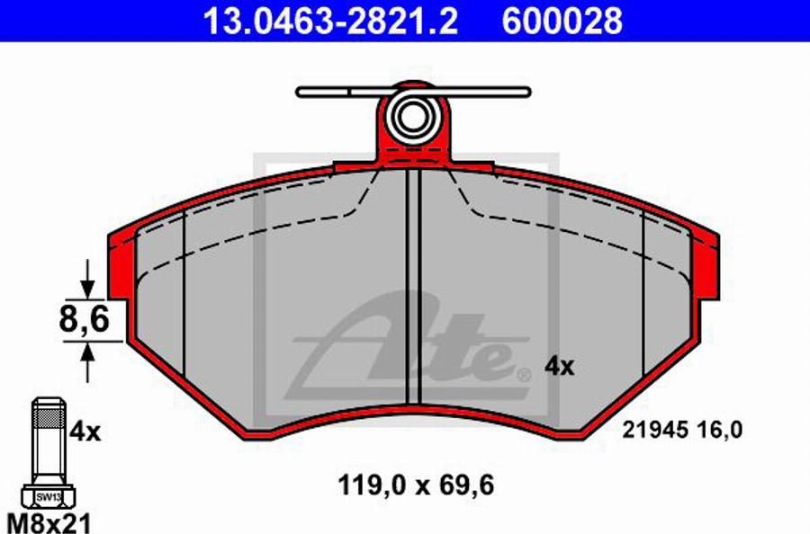 ATE 600028 - Brake Pad Set, disc brake autospares.lv