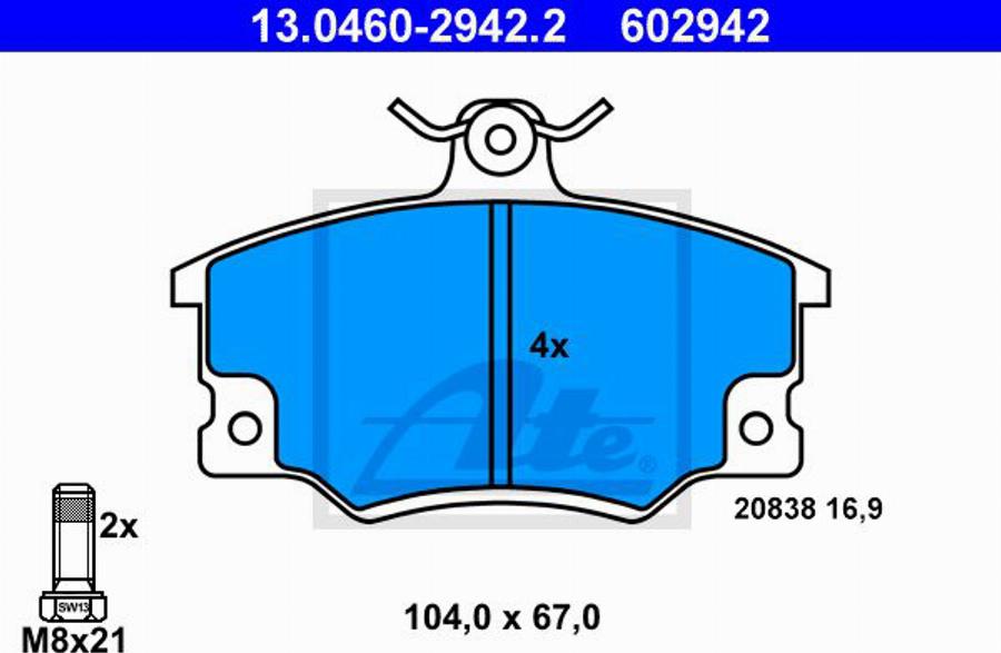 ATE 602942 - Brake Pad Set, disc brake autospares.lv