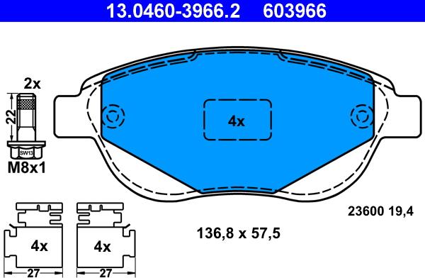 ATE 13.0460-3966.2 - Brake Pad Set, disc brake autospares.lv