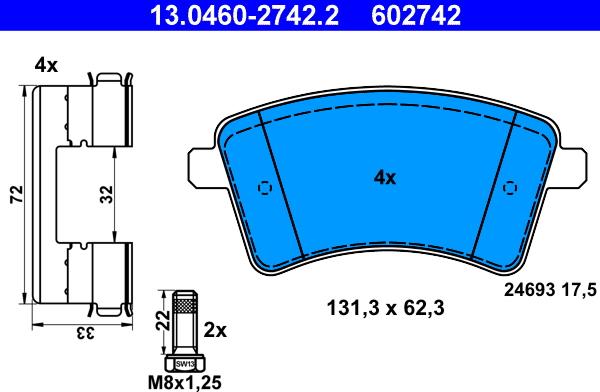 ATE 13.0460-2742.2 - Brake Pad Set, disc brake autospares.lv