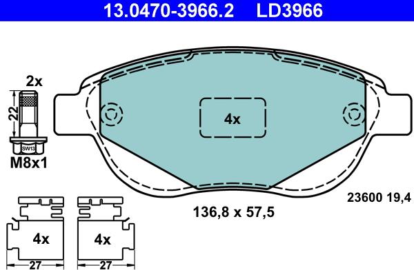 ATE 13.0470-3966.2 - Brake Pad Set, disc brake autospares.lv