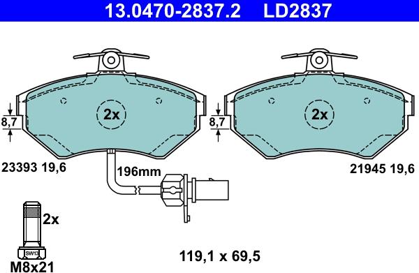 ATE 13.0470-2837.2 - Brake Pad Set, disc brake autospares.lv